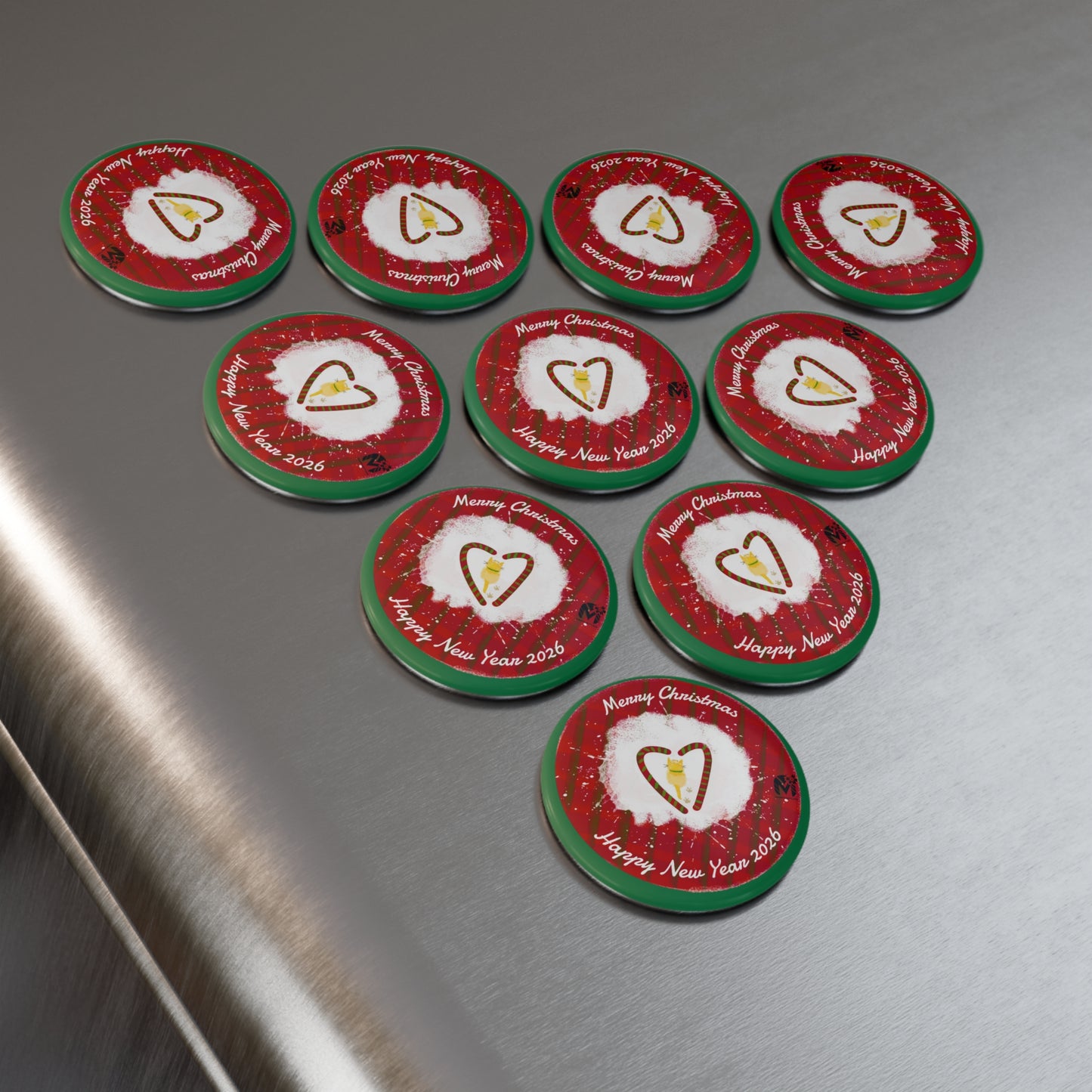 Cute Kitty Christmas and New Year Magnet, Round (Set of 10 pcs)