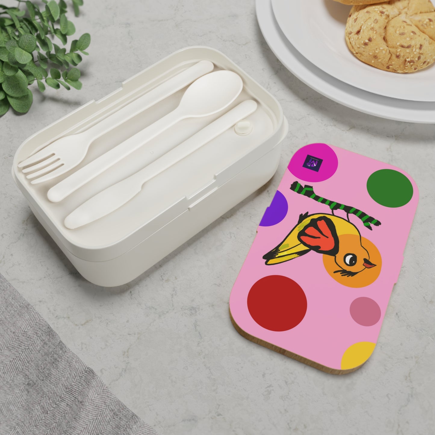 Bento Lunch Box - Dotted and Feathered Pink print